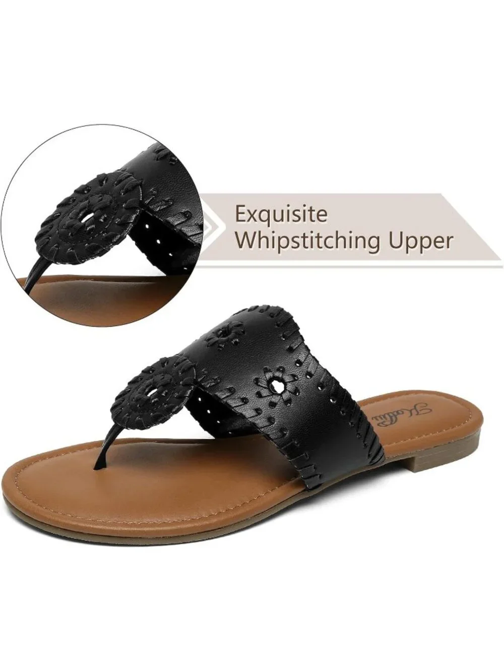 Women's Black Flats Wide Band Flip Flops Cushioned Insole Summer Brunch Sandals
